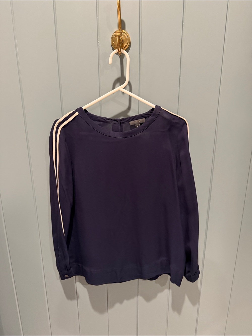 Navy Long-Sleeve Silk Blouse with White Shoulder Stripes